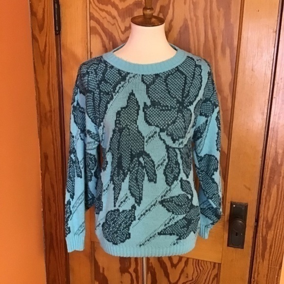 GUC✨ JESSICA SCOTT vintage women's large blue 90s flowers sweater - Picture 5 of 8